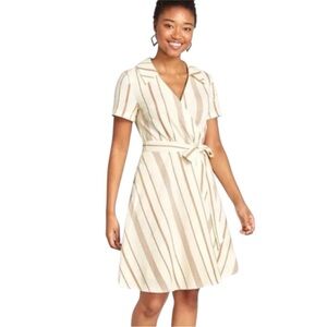 Modcloth Linen‎ Blend Cream and Tan Wrap Dress Size 12